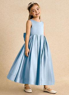Azazie Cailee Flower Girl Dresses Powder Blue Ball-Gown Pleated Matte Satin Dress image3