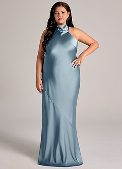 Azazie Velli Abiti da Damigella Abito Sirena in Raso Elasticizzato Collo Alto Blu Polveroso image8