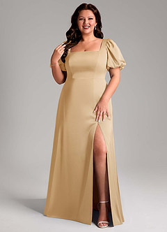 Azazie Fyona Bridesmaid Dresses Gold A-Line Pleated Stretch Satin Dress image8