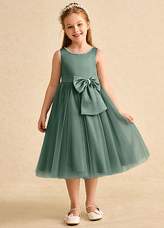 Azazie Twinsie Flower Girl Dresses Eucalyptus A-Line Bow Tulle Dress image7