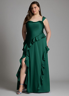 Azazie Sloane At-home Try On Dresses Emerald A-Line Sweetheart Neckline Stretch Satin Dress image9