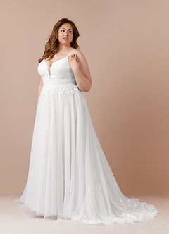 Azazie Devi Wedding Dresses Diamond White A-Line V-Neck Lace Tulle Dress image12