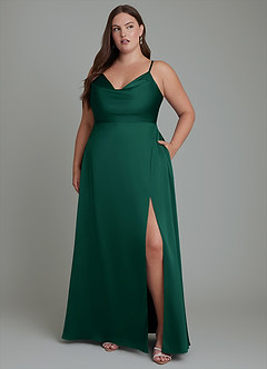 Azazie Sarella Robes de demoiselle d'honneur Robe Trapèze en Satin extensible Plissé émeraude image10