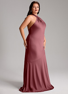 Azazie Lorena Robes de demoiselle d'honneur Robe Sirène en Satin extensible Plissée Rose Du Désert image5