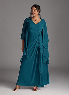 Azazie Manuella Vestidos para mãe da noiva Vestir Tinta Azul de Chiffon de Linha A com Decote em V Plissado image10