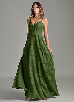 Azazie Amani Robes de demoiselle d'honneur Robe Trapèze en Blumen-Burnout Plissée Olive image4