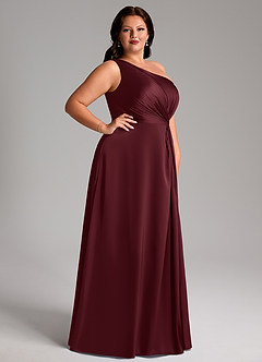 Azazie Brooke Vestidos de damas de honor Vestido de Cabernet de Satén Elástico de Corte en A con Hombro unilateral image10