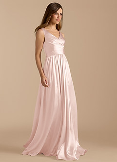 Azazie Keyla Bridesmaid Dresses Blushing Pink A-Line Pleated Metallic Satin Dress image7
