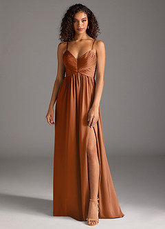 Azazie Alia Bridesmaid Dresses Copper A-Line Pleated Stretch Satin Dress image1