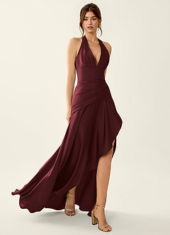 Titania Wine Satin V-neck Ruffled Prom Dress image6