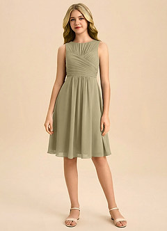 Azazie Skyla Junior Jurk van Chiffon met A-Lijn Geplooid Mosgroen image3