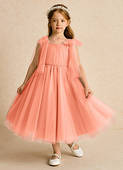 Azazie Dori Robe Demoiselle D'honneur Fillette Robe Trapèze en Tulle Rayé Coucher De Soleil image2
