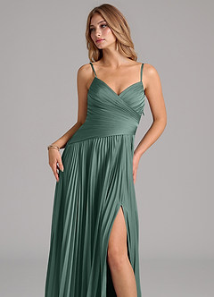 Azazie Vini Bridesmaid Dresses Eucalyptus A-Line Pleated Stretch Satin Dress image2