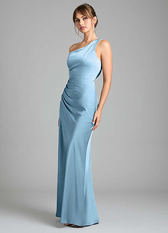 Azazie Madelyn Robes de demoiselle d'honneur Robe Sirène Convertible en Satin extensible Une épaule Acier Bleuté image6