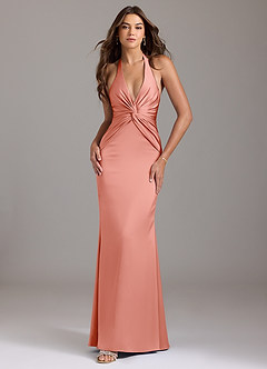 Azazie Valerie Bridesmaid Dresses Coral Mermaid Pleated Stretch Satin Dress image1
