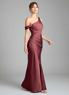 Azazie Madelyn Bridesmaid Dresses Merlot Mermaid One Shoulder Stretch Satin Convertible Dress image5