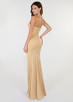 Azazie Yola Vestidos de damas de honor Vestido de Oro de Satén Elástico de Corte Recto Convertible con Cuello en V Plisado image5