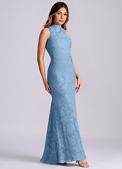 Azazie Evadne Final Sale Steel Blue Sheath Pleated Floral Burnout Dress image3