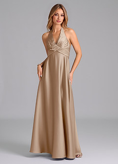 Azazie Tessie Bridesmaid Dresses Taupe A-Line Pleated Stretch Satin Dress image5