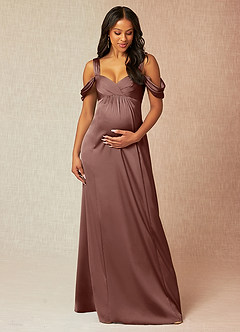 Azazie Rhea Maternity Bridesmaid Dresses A-Line Off-The-Shouler Pleated Stretch Satin Floor-Length Dress image2
