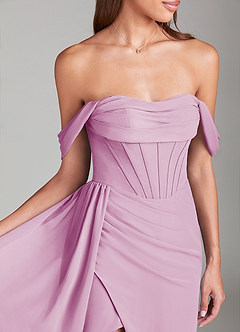 Azazie Amyra Bridesmaid Dresses Candy Pink Sheath Off the Shoulder Chiffon Convertible Dress image5