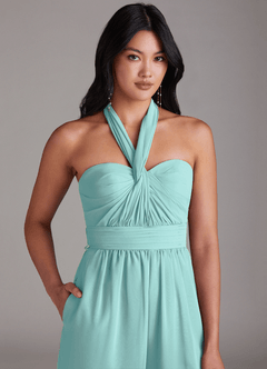 Azazie Lamara Robes de demoiselle d'honneur Combinaison Convertible en Mousseline de soie Épaule décolletée Aqua image9
