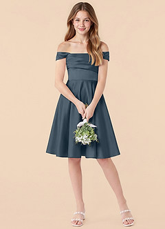 Azazie Amira Junior Twilight A-Line Pleated Stretch Satin Dress image3