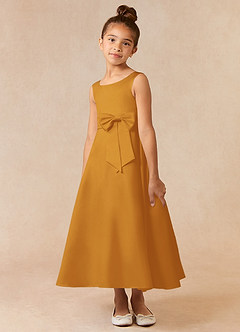 Azazie Lindy Flower Girl Dresses Butterscotch A-Line Pleated Matte Satin Dress image4