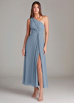 Azazie Brooke Robes de demoiselle d'honneur Robe Trapèze en Mousseline de soie Une épaule Bleu Poussiéreux image1