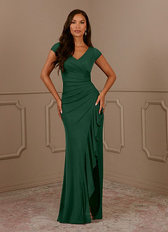 Azazie Roya Mother of the Bride Dresses Dark Green Mermaid V-Neck Pleated Mesh Dress image2