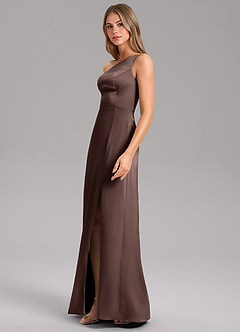 Azazie Phaedra At-home Try On Dresses Olive A-Line One Shoulder Stretch Satin Dress image4