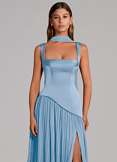 Azazie Stephanie Vestidos de damas de honor Vestido de Azul Pálido de Satén Elástico de Corte en A con Plisado image6