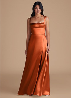 Azazie Hope Bridesmaid Dresses Burnt Orange A-Line with Pockets Metallic Satin Dress image2