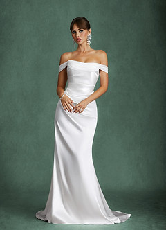 Azazie Darlene Wedding Dresses Diamond White Mermaid Off the Shoulder Metallic Satin Dress image5