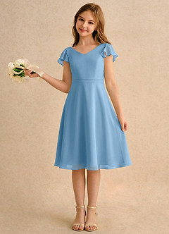 Azazie Narin Girls Formal vestidos de niña de las flores Vestido de Azul Acero de Gasa de Corte en A con Con mangas image1