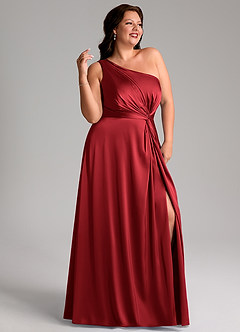 Azazie Brooke Robes de demoiselle d'honneur Robe Trapèze en Satin extensible Une épaule Écarlate image12