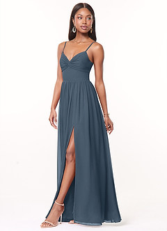 Azazie Zeya Robes de demoiselle d'honneur Robe Trapèze en Mousseline de soie Col V plissé Neptune image4