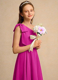 Azazie Guppy Girls Formal Abiti da Ragazza di Fiori Abito A-Line in Chiffon Monospalla Fucsia image4
