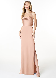 Azazie Myla Abiti da Damigella Abito Tubino in Raso Elasticizzato con Scollo a Cappuccio e Schiena a Chiave Oro Rosa image1