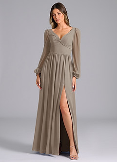 Azazie Zeya Bridesmaid Dresses Taupe A-Line Long Sleeve Chiffon Dress image4