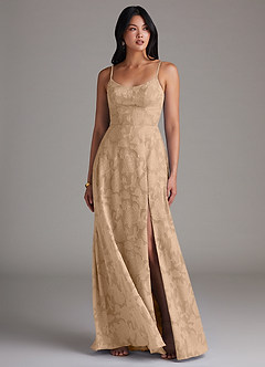 Azazie Moira Bridesmaid Dresses Champagne A-Line Side Slit Floral Burnout Dress image4