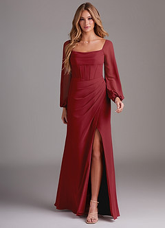Azazie Charissa Bridesmaid Dresses Pomegranate Sheath Long Sleeve Chiffon Dress image3