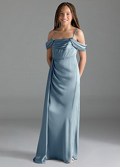 Azazie Amyra Junior Dusty Blue Sheath Off the Shoulder Stretch Satin Dress image4