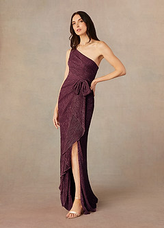 Azazie Jocelyn Mother of the Bride Dresses Berry Sheath One Shoulder Metallic Mesh Dress image2