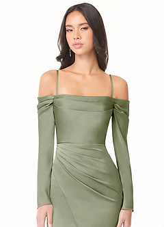 Azazie Hallie Bridesmaid Dresses Pistachio Mermaid Off-The-Shoulder Long Sleeve Stretch Satin Convertible Dress image2