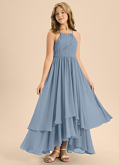 Azazie Elliora Junior Abito A-Line in Chiffon Plissettato Blu Polveroso image3