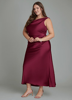 Azazie Kieryn Vestidos de damas de honor Vestido Borgoña de Satén Elástico de Corte Sirena con Plisado image4
