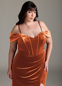 Azazie Jas Bridesmaid Dresses Burnt Orange Sheath Off-The-Shoulder Corset Velvet Convertible Dress image18