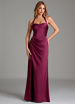 Azazie Serenity Vestidos de damas de honor Vestido Ciruela Roja de Satén Elástico de Corte Sirena con Escote corazón image1