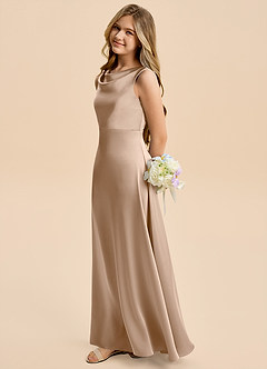 Azazie Kiki Junior Taupe A-Line Bow Stretch Satin Dress image2